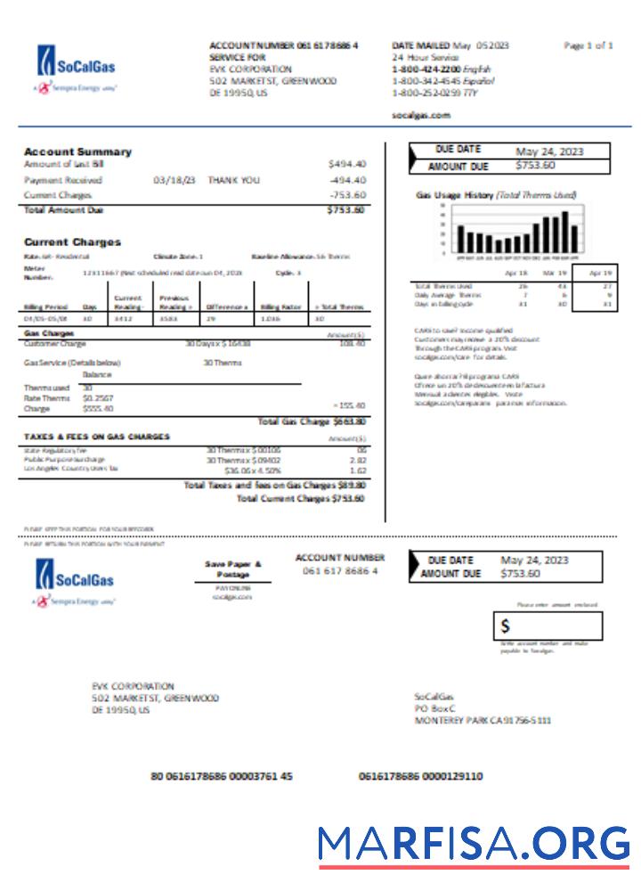 Printable California SoCal Gas utility business bill, SCR sample